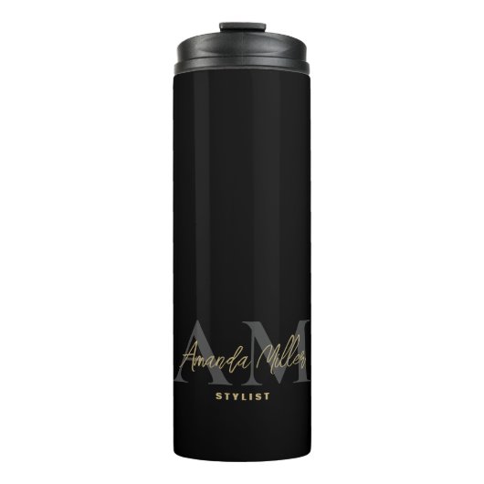 Gepersonaliseerd zwart goud modern monogram minima thermosbeker (Voorkant)