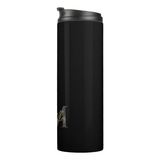 Gepersonaliseerd zwart goud modern monogram minima thermosbeker (Geroteerd rechts)