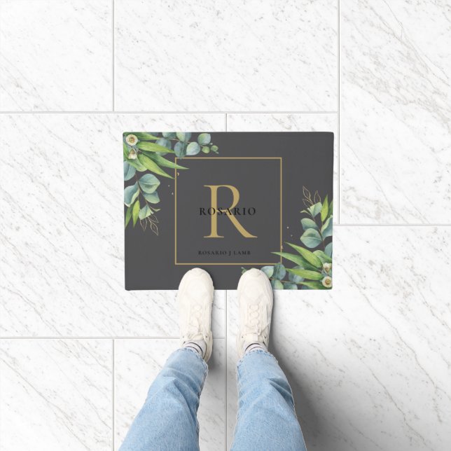 Gepersonaliseerd zwart goud monogram Eucalyptus bl Deurmat (Binnen)