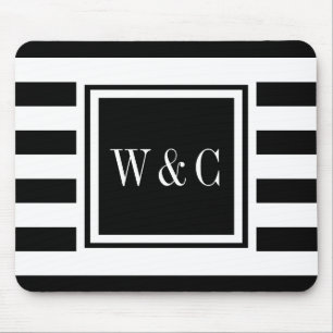 Gepersonaliseerd zwart monogram witte streep muismat