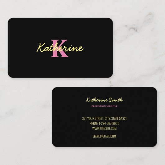 Gepersonaliseerd zwart monogrammed Modern Visitekaartje (Voorkant / Achterkant)