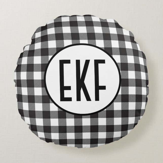 Gepersonaliseerd zwart-wit monogrammen rond kussen (Voorkant)