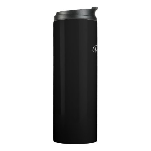 Gepersonaliseerd zwart-wit script chic thermosbeker (Gedraaid links)