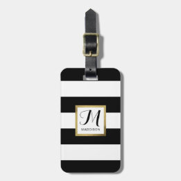 Gepersonaliseerd zwart-wit Striped Gold monogram Bagagelabel