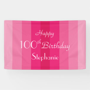 Gepersonaliseerde 100e verjaardag Sign Pink Stripe Spandoek
