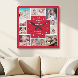 Gepersonaliseerde 12 familie foto collage rood en vierkante klok