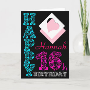 Gepersonaliseerde 16e Verjaardag Girly Black Greet Kaart