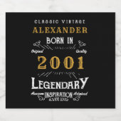 Gepersonaliseerde 20e geboortedag Geboren 2001 Zw Sparkling Wijnetiket (Enkel label)