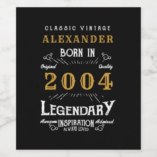 Gepersonaliseerde 21e Verjaardag Geboren 2004 Zwa Wijn Etiket (Enkel label)