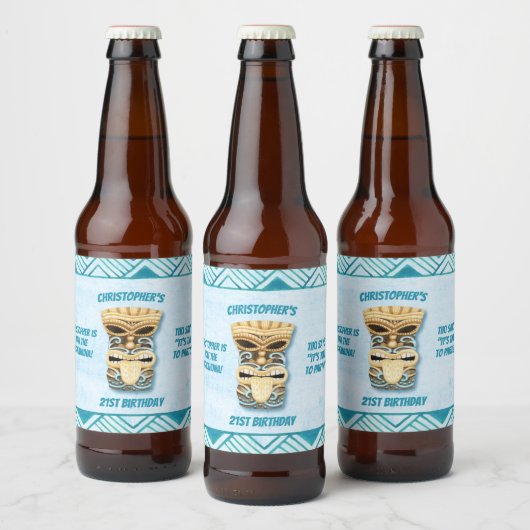 Gepersonaliseerde 21e verjaardag Tiki Hawaiian Lua Bier Etiket (Flessen)