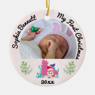 Gepersonaliseerde 2 foto Babys Mijn Eerste Kerstmi Keramisch Ornament