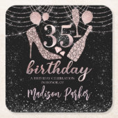Gepersonaliseerde 35e verjaardag Roze zwarte glitt Vierkante Kartonnen Onderzetter (Voorkant)