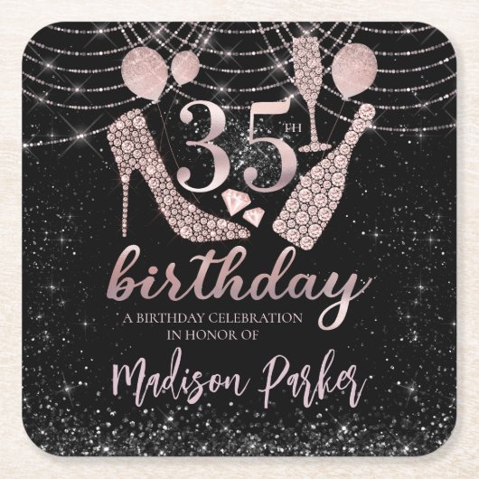 Gepersonaliseerde 35e verjaardag Roze zwarte glitt Vierkante Kartonnen Onderzetter (Voorkant)