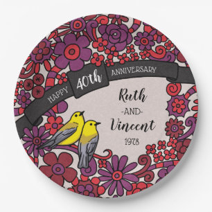 Gepersonaliseerde 40e Jubileum, Ruby Bloemvogels Papieren Bordje
