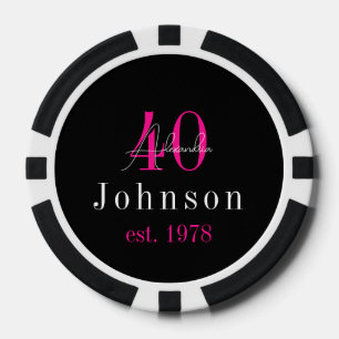 Gepersonaliseerde 40e Verjaardag Zwart Hot Pink Poker Chips