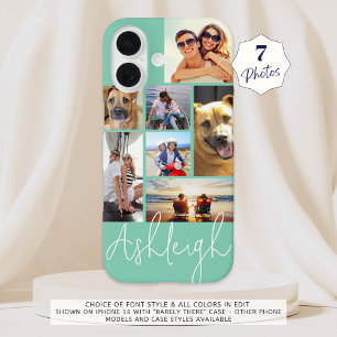 Gepersonaliseerde 7 Foto Collage Turquoise Custom iPhone 16 Hoesje