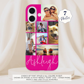 Gepersonaliseerde 7 Photo Collage Hot Pink Custom iPhone 16 Hoesje