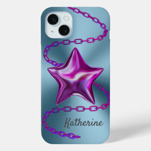 Gepersonaliseerde aangepaste Aqua & Hot Pink Star iPhone 15 Mini Hoesje