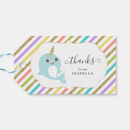 Gepersonaliseerde aangepaste Narwhal Rainbow Glitt Cadeaulabel (Achterkant Horizontaal)