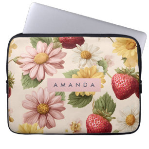 Gepersonaliseerde Aardbei & Bloempatroon Laptop Sleeve