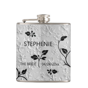 Gepersonaliseerde Abstracte zwart-witte bloemen Heupfles