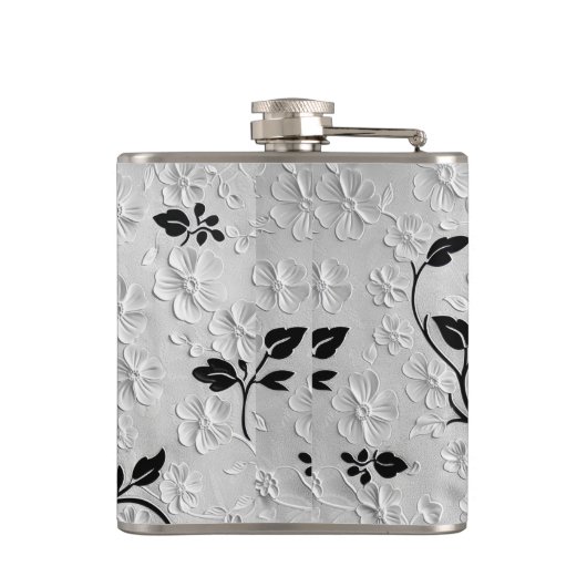 Gepersonaliseerde Abstracte zwart-witte bloemen Heupfles (Achterkant)