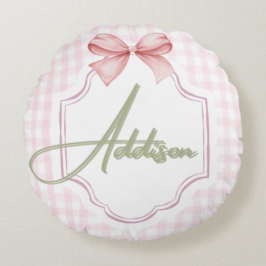 Gepersonaliseerde Addison Baby Girl Nursery Bow & Rond Kussen (Voorkant)