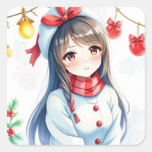 Gepersonaliseerde Anime Girl Kerstmis Vierkante Sticker
