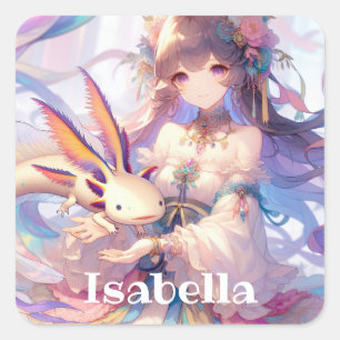 Gepersonaliseerde Anime Meisje en Axolotl Vierkante Sticker