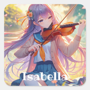 Gepersonaliseerde anime meisje spelen de viool vierkante sticker
