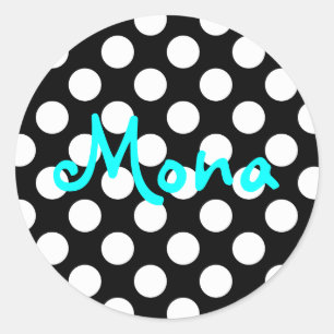 Gepersonaliseerde Aqua Black en White Polka Dot Ronde Sticker