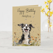 Gepersonaliseerde aquarel border collie kaart (Gele Bloem)