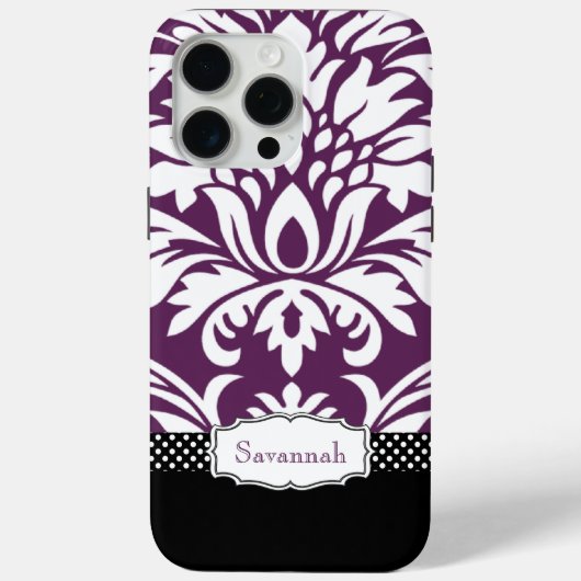 Gepersonaliseerde  aubergine Damask en Polka Dot Case-Mate iPhone Case (Achterkant)