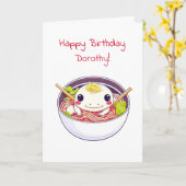 Gepersonaliseerde Axolotl en Ramen thema verjaarda Kaart (Gele Bloem)