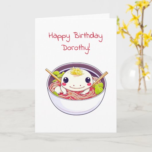 Gepersonaliseerde Axolotl en Ramen thema verjaarda Kaart (Gele Bloem)