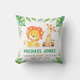 Gepersonaliseerde Baby Boy Stats Groene Safari Kin Kussen