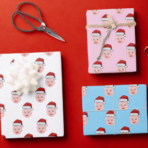 Gepersonaliseerde Baby Gezicht Foto Santa Hat Kers Inpakpapier Vel