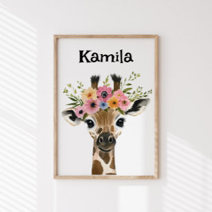 Gepersonaliseerde Baby-Giraffe met bloemenkrans Perfect Poster