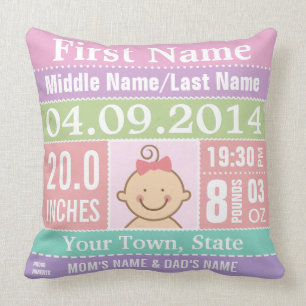 Gepersonaliseerde baby Girl Birth Stats Pillow Kussen