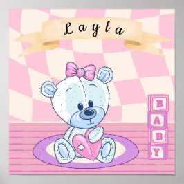 Gepersonaliseerde baby Girl Teddy Bear Nursery Poster