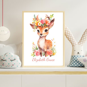 Gepersonaliseerde Baby Herten Roze Bloemen Kwekeri Poster