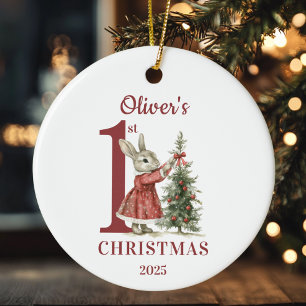 Gepersonaliseerde baby's 1e kerstkonijn keramisch ornament