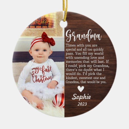 Gepersonaliseerde Baby's Eerste Kerstmis/Oma Keramisch Ornament (Voorkant)