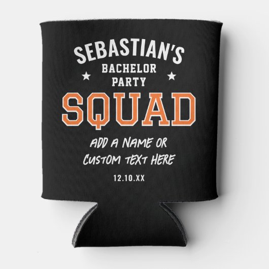 Gepersonaliseerde Bachelor Party Squad Sinaasappel Blikjeskoeler (Voorkant)