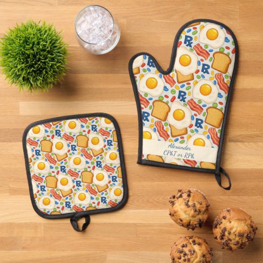 Gepersonaliseerde Bacon & Eggs Apotheek RX Ovenwant & Pannenlap Set (Top down)