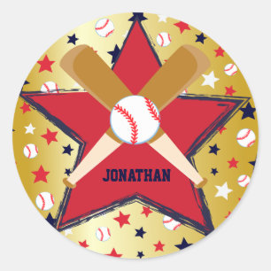 Gepersonaliseerde Baseball Bats Ball en Stars Gold Ronde Sticker