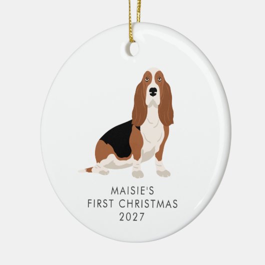 Gepersonaliseerde Basset Hound Hond Eerste Kerstmi Keramisch Ornament (Links)