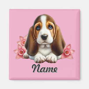 Gepersonaliseerde Basset Hound Puppy met bloemen Magneet