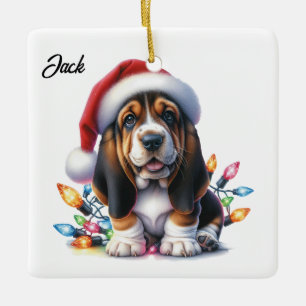 Gepersonaliseerde Bassett Hound Kerstman Keramisch Ornament