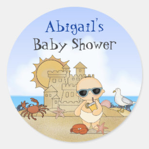 Gepersonaliseerde Beach Baby Boy Baby shower Stick Ronde Sticker